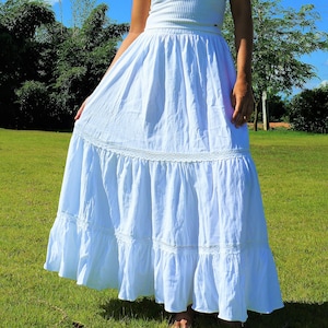 Long White Skirt Soft Cotton Tiered Pom poms Lace Trim Elasticated