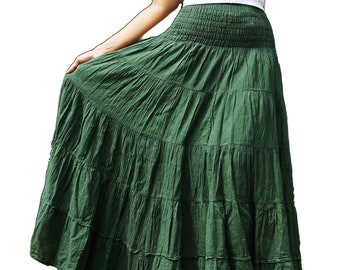Long Green Skirt * Boho Cotton Flared Tiered Maxi * Solid Plain Color * Elasticated Deep Waistband * Medium to Large