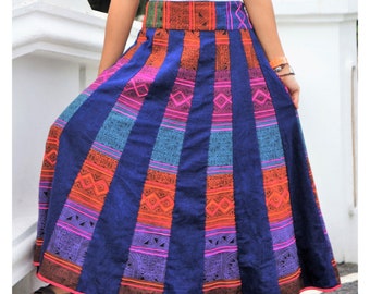 Traditional Thai Skirt * Patchwork A-line * 100% Cotton * Striped Multicolored * Elasticated Waistband & Zipper * Authentic