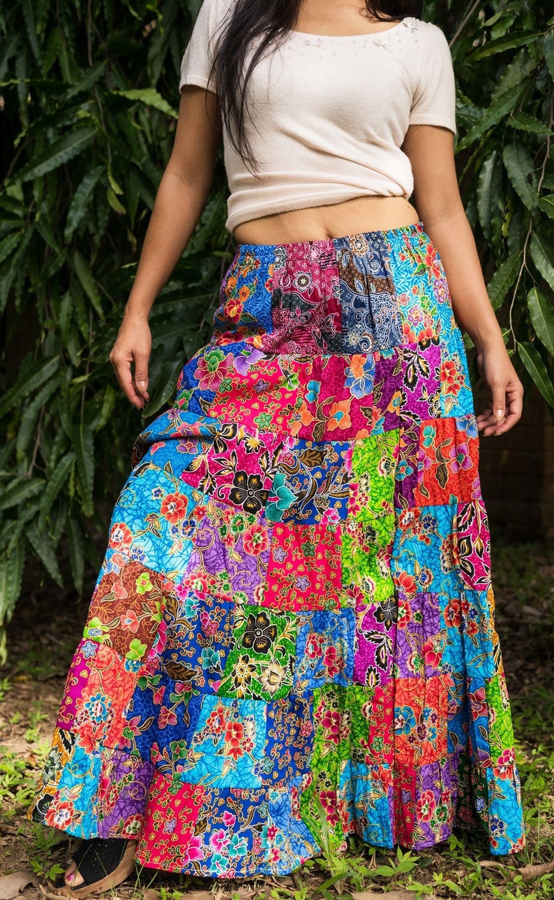 Patchwork Skirt Bohemian Hippie Style Long Maxi Length Colorful Bright Multicolored Cotton Women Medium image 5