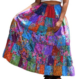 Patchwork Skirt Cotton Batik Bohemian Hippie Style Long Maxi Length Colorful Bright Pastel Multicolored Women Medium Large image 6