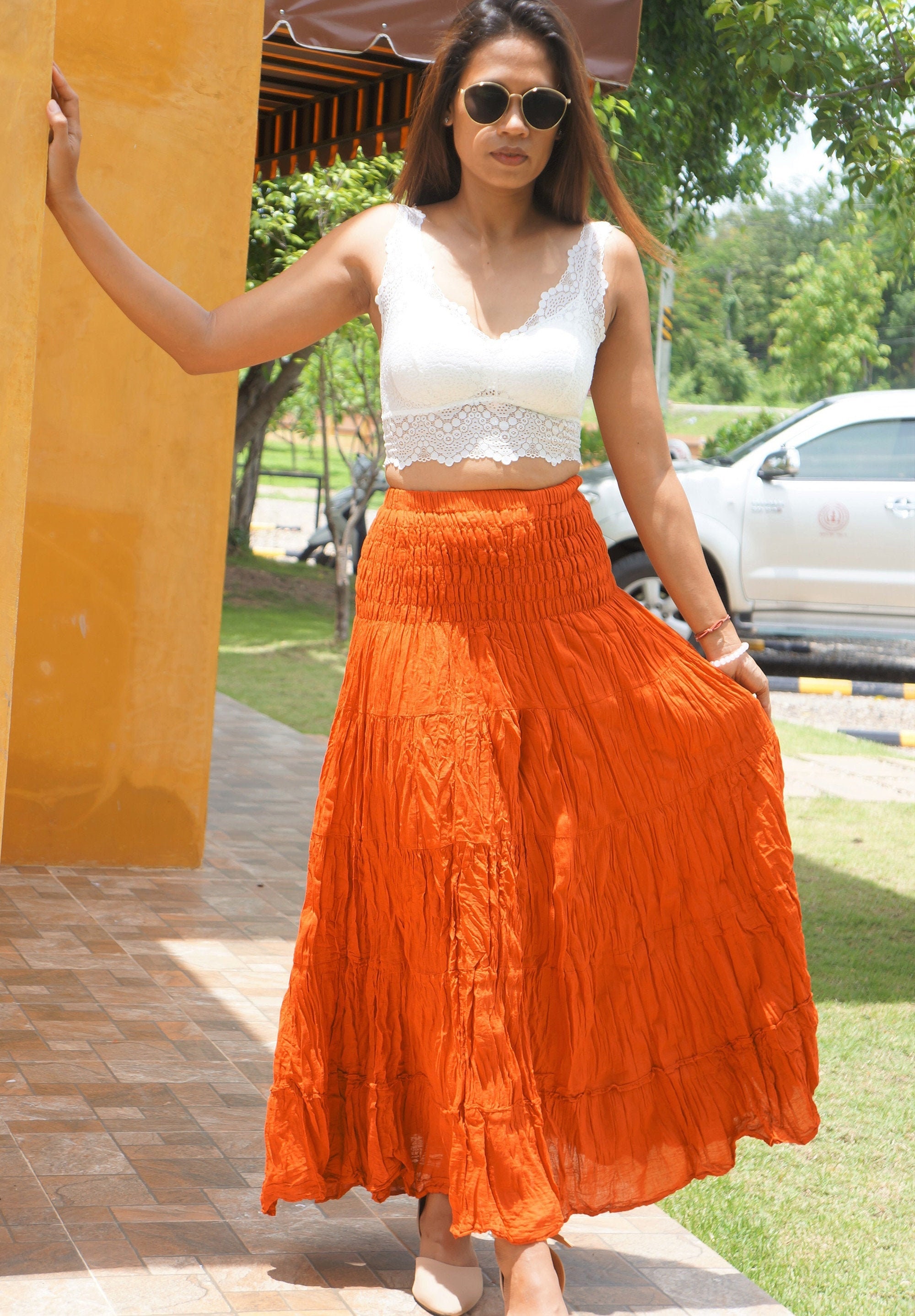 Buy VTSGN Womens High Waisted Midi Maxi Skirt Boho ALine Ruffle Flowy Long  Skirt with Pockets Burnt Orange Small at Amazonin