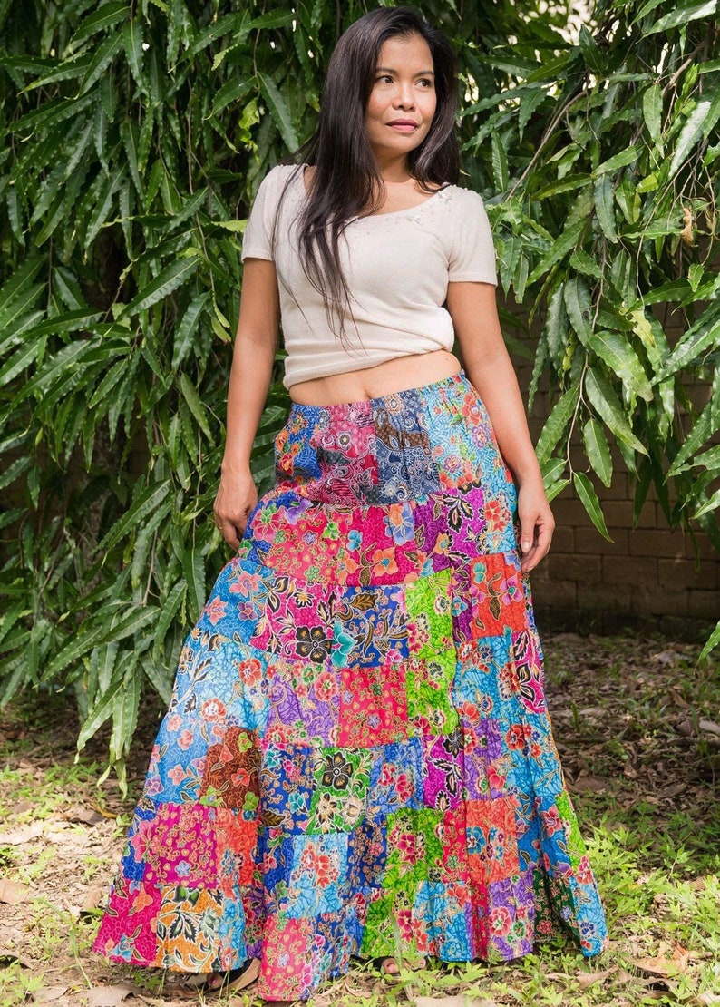 Patchwork Skirt Bohemian Hippie Style Long Maxi Length Colorful Bright Multicolored Cotton Women Medium image 4
