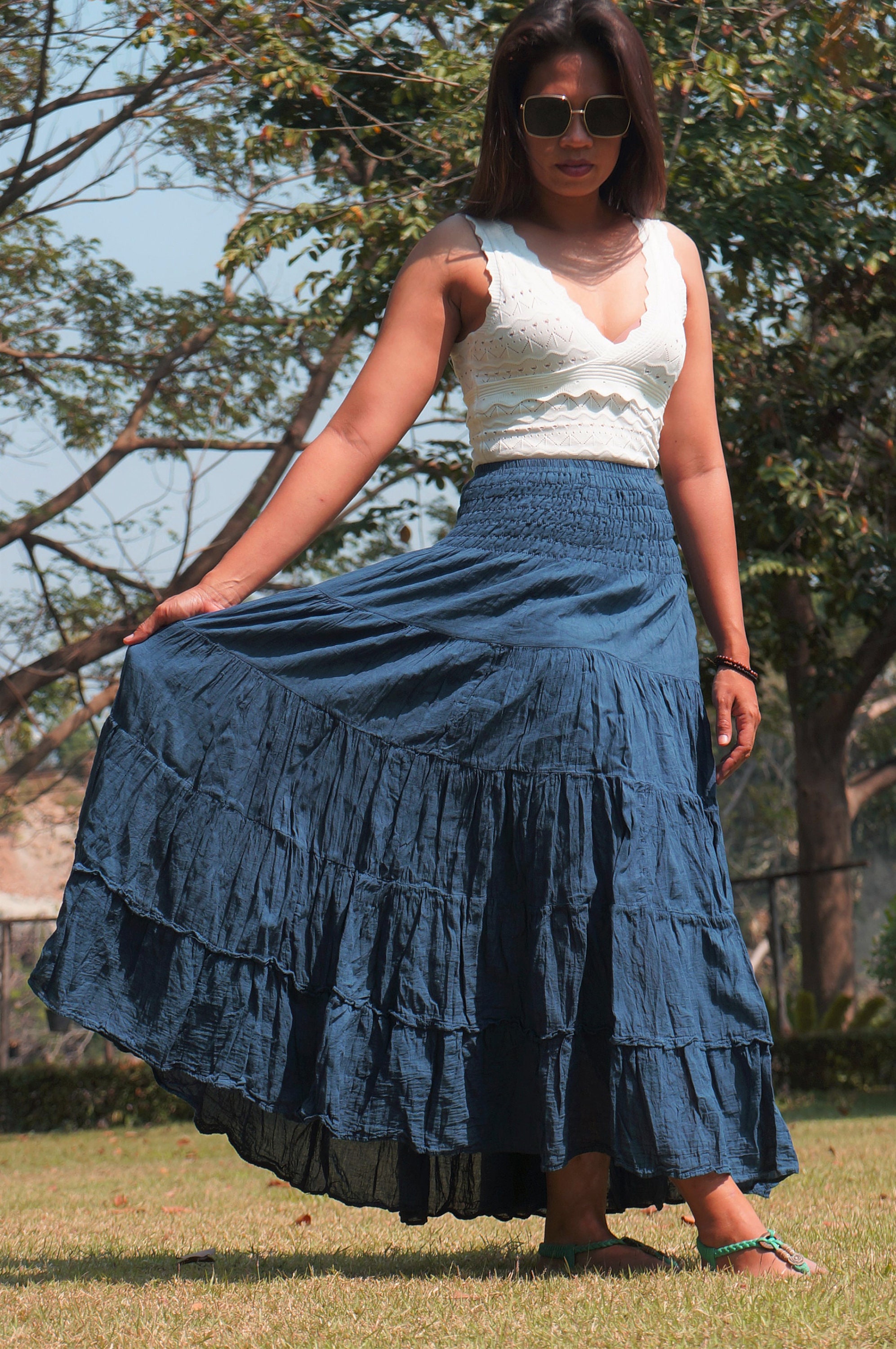 Long Boho Cotton Gypsy Skirts Flared Tiered Maxi Solid Etsy UK