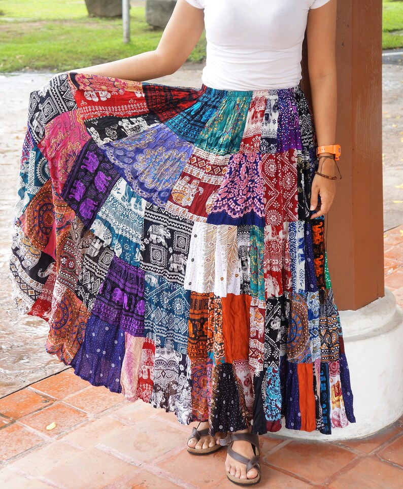 Boho Patchwork Skirt Long Gypsy Hippie Tiered in 100 Silky Etsy