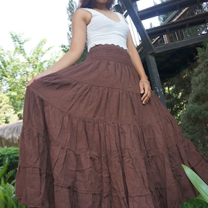 Brown Cotton Skirt Long Boho Flared Tiered Maxi Solid Plain Color Elasticated Deep Waistband Brown