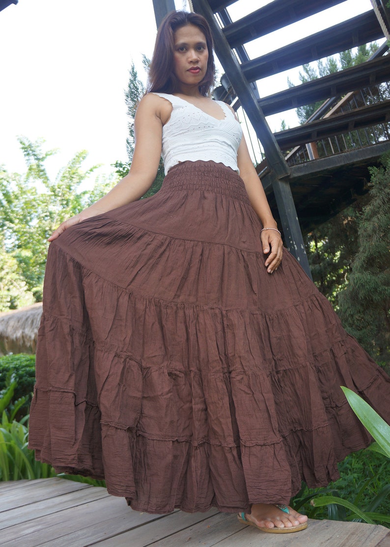 Brown Cotton Skirt Long Boho Flared Tiered Maxi Solid Plain Color Elasticated Deep Waistband Brown