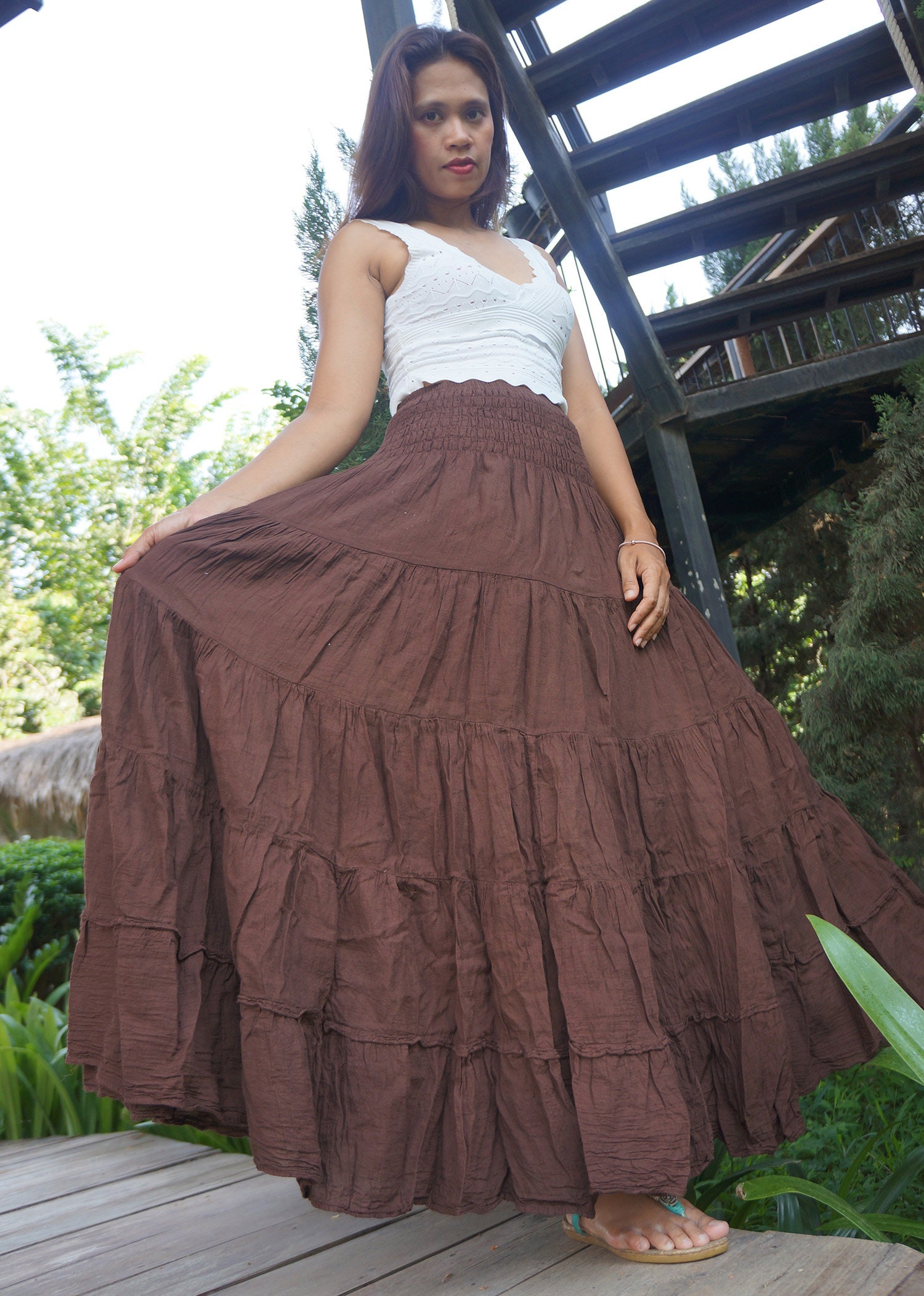 Brown Cotton Elasticated Color Long Flared Skirt - Boho Tiered Waistband Plain Etsy Deep Solid Maxi