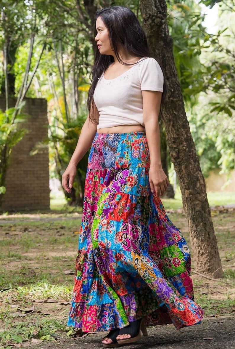 Patchwork Skirt Bohemian Hippie Style Long Maxi Length Colorful Bright Multicolored Cotton Women Medium image 1