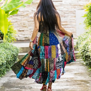 Patchwork Skirt Long Maxi Boho Hippie Dress Smocked Ruched Waist Flared Rayon Dark Multicolored Patterns image 7