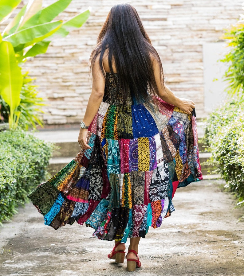 Patchwork Skirt Long Maxi Boho Hippie Dress Smocked Ruched Waist Flared Rayon Dark Multicolored Patterns image 7