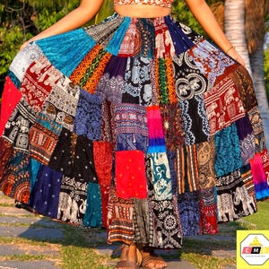 Patchwork Skirt * Long Boho Hippie Tiered in 100% Silky Rayon * Maxi Full & Flared * Multicolored * M - XL Sizes