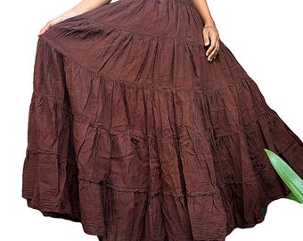 Brown Cotton Skirt * Long Boho * Flared Tiered Maxi * Solid Plain Color * Elasticated Deep Waistband