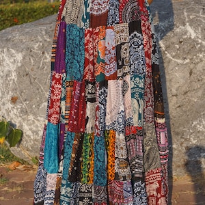 Patchwork Skirt Long Boho Hippie Tiered in 100% Silky Rayon Maxi Full & Flared Multicolored M XL Sizes zdjęcie 7