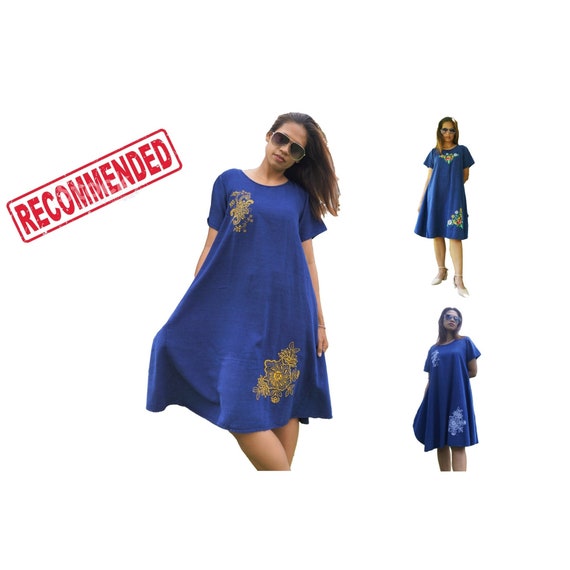 Block Printed Navy Blue Flroal Knee Length Linen Dress with Front Buttons & Side Belt