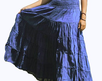 Long Boho Cotton Skirts * Flared Tiered Maxi * Solid Plain Colors * Smock Elasticated Deep Waistband
