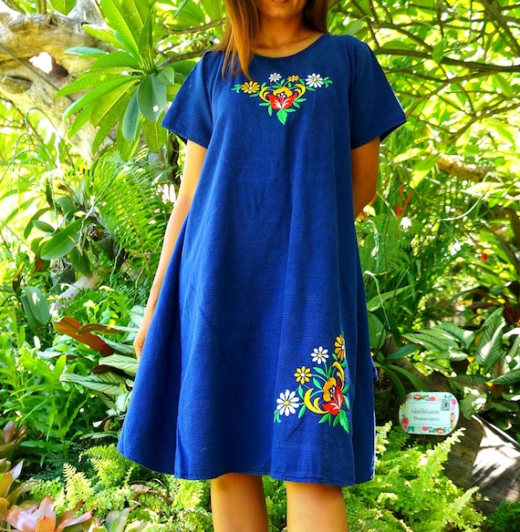 Navy Blue Cotton Tunic Dress - Knee Length & Short Sleeved With Embroidered Floral Motif - Etsy Navy Blue Cotton Tunic Dress - Knee Length & Short Sleeved With Embroidered Floral Motif - Etsy