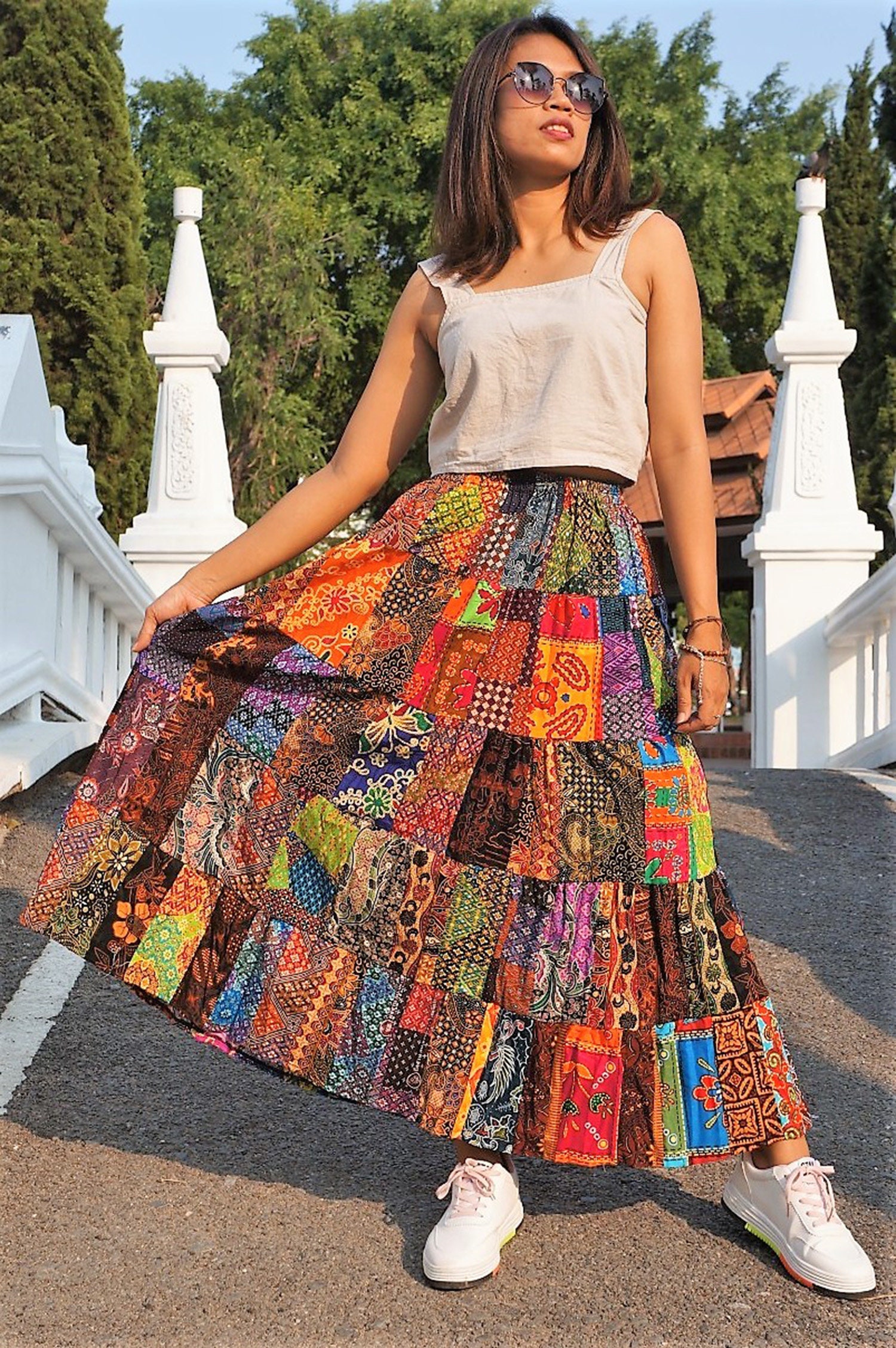 Long Patchwork Skirt for Women Cotton Tiered Flared Gypsy | Etsy