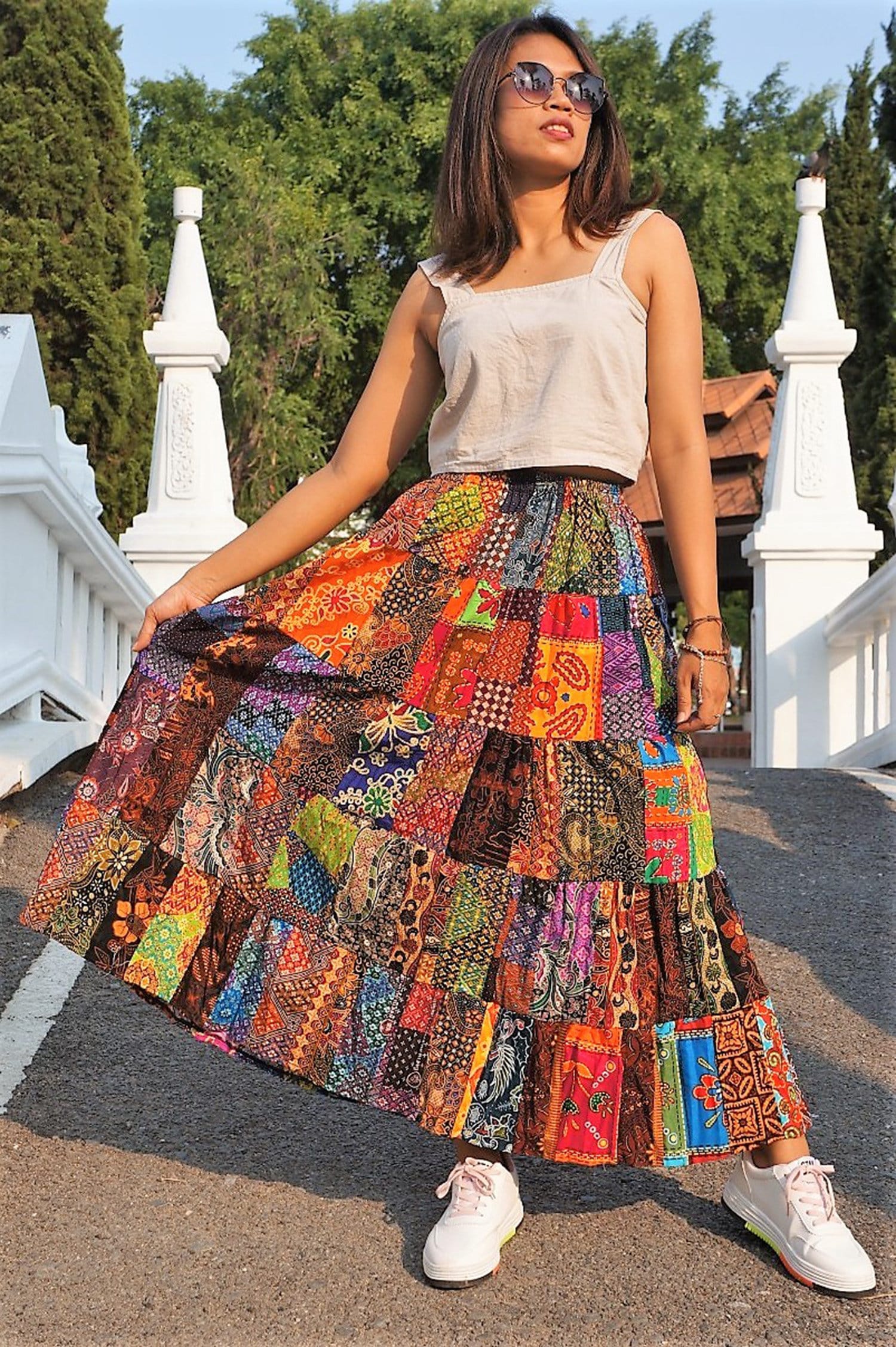 Long Patchwork Skirt for Women Cotton Tiered Flared Gypsy Etsy