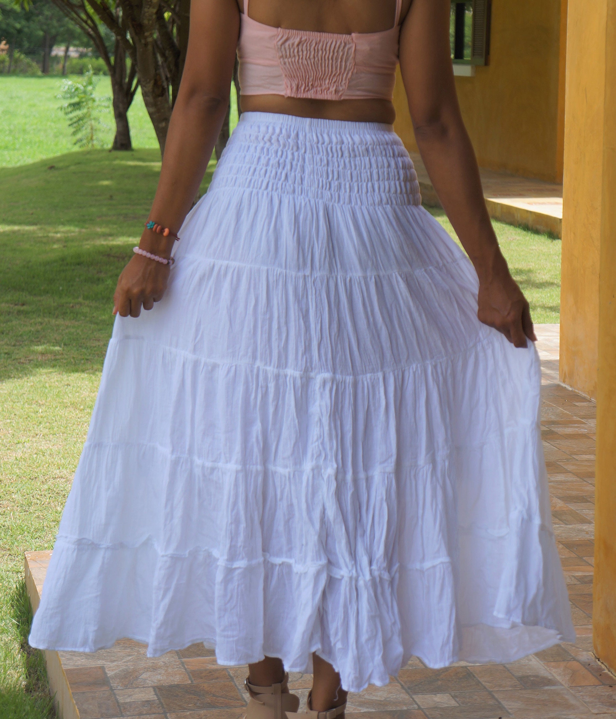 White Gypsy Skirt Long Boho Cotton Flared Tiered Maxi Etsy