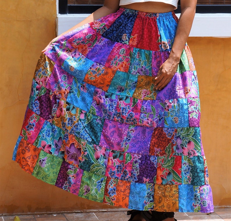 Patchwork Skirt Cotton Batik Bohemian Hippie Style Long Maxi Length Colorful Bright Pastel Multicolored Women Medium Large image 2