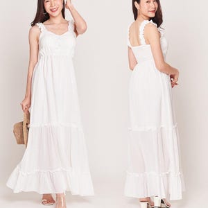 White Cotton Dresses * Long Maxi Length * Summer Spring * Spaghetti Straps * Lace Trim * Buttons Bodice