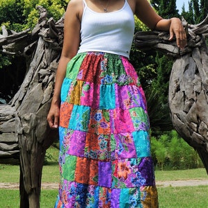 Patchwork Skirt Cotton Batik Bohemian Hippie Style Long Maxi Length Colorful Bright Pastel Multicolored Women Medium Large image 4
