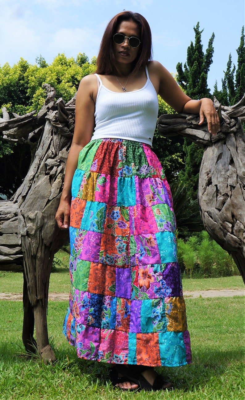 Patchwork Skirt Cotton Batik Bohemian Hippie Style Long Maxi Length Colorful Bright Pastel Multicolored Women Medium Large image 4