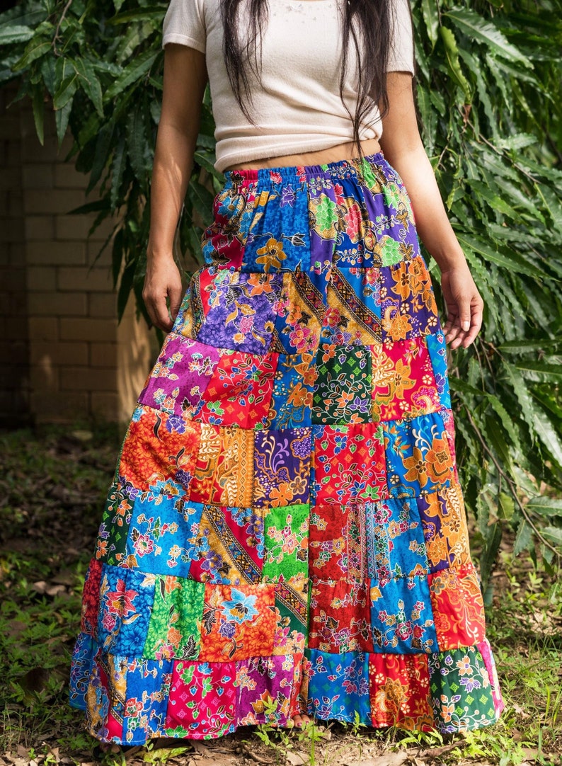 Patchwork Skirt Bohemian Hippie Style Long Maxi Length Colorful Bright Multicolored Cotton Women Medium image 2