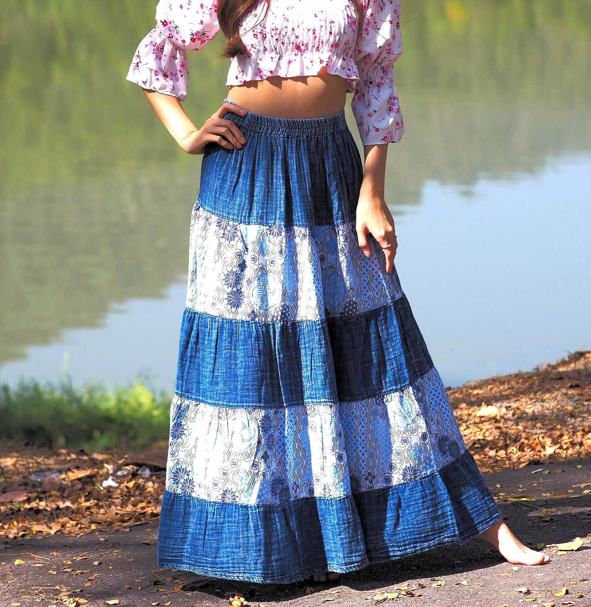★Odd Studio★ Sand Washing Cargo Denim Long Skirt BLUE Cargo Denim Maxi Skirt – washlabshop