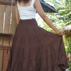 Brown Cotton Skirt Long Boho Flared Tiered Maxi Solid Plain Color Elasticated Deep Waistband image 4