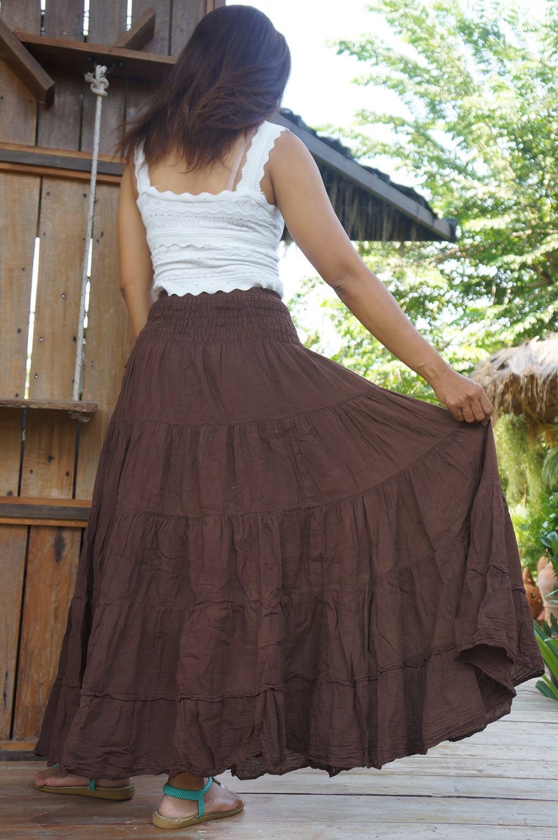 Brown Cotton Skirt Long Boho Flared Tiered Maxi Solid Plain Color Elasticated Deep Waistband image 4