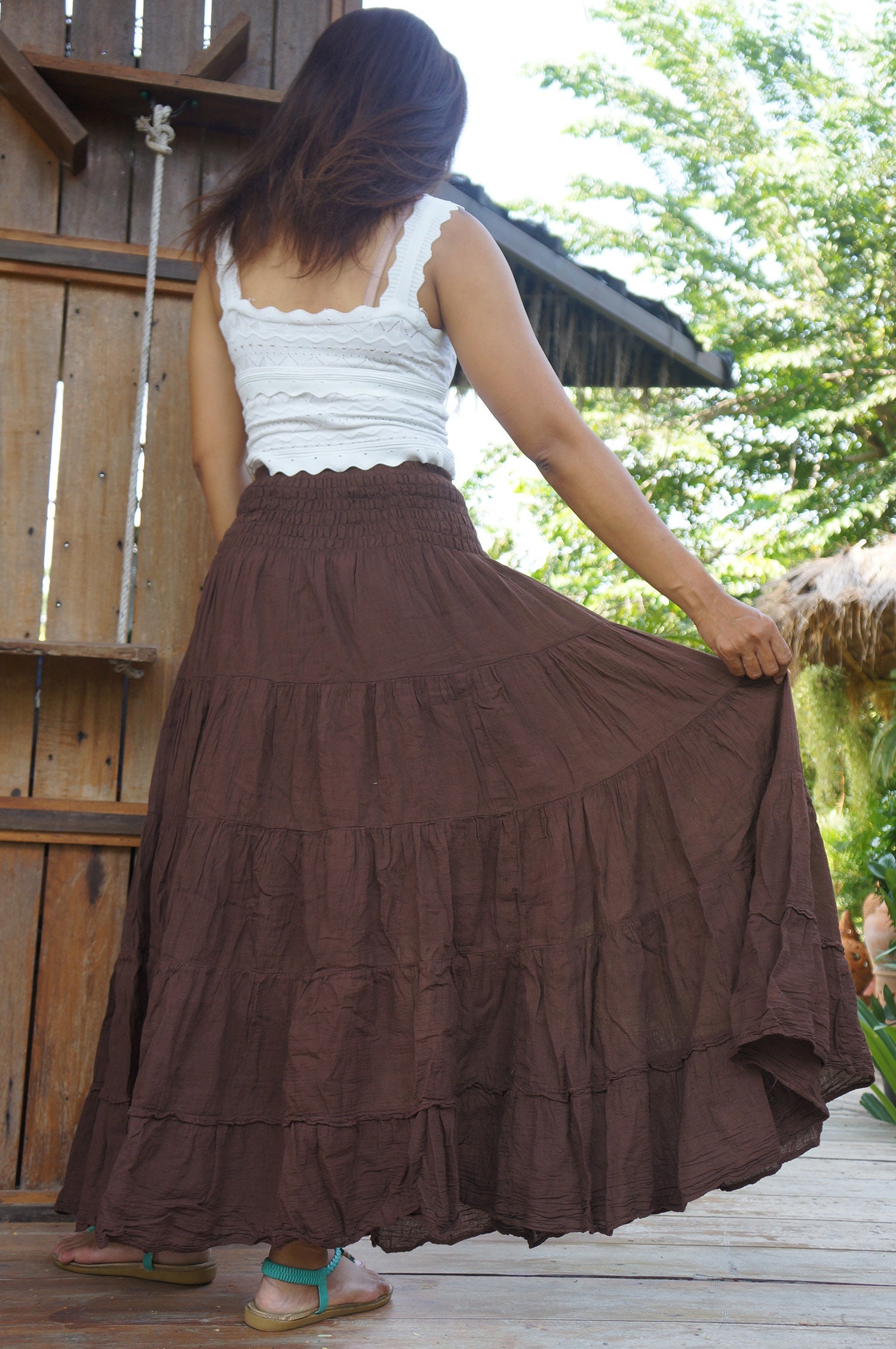 Solid Skirt Long Maxi Deep Etsy Flared - Plain Color Boho Waistband Tiered Cotton Brown Elasticated