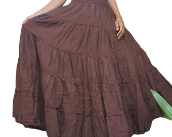 Brown Cotton Skirt * Long Boho * Flared Tiered Maxi * Solid Plain Color * Elasticated Deep Waistband