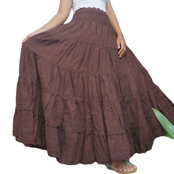 Brown Cotton Skirt * Long Boho * Flared Tiered Maxi * Solid Plain Color * Elasticated Deep Waistband