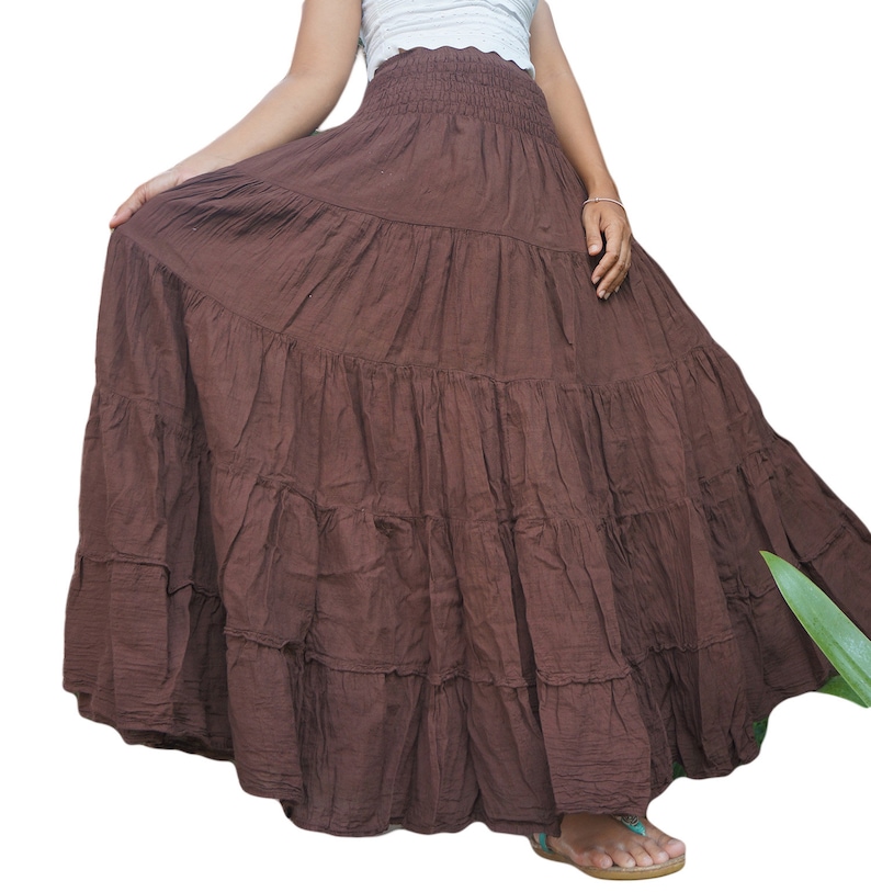 Brown Cotton Skirt Long Boho Flared Tiered Maxi Solid Plain Color Elasticated Deep Waistband image 1