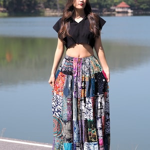 Patchwork Skirt Long Boho Hippie Tiered in 100% Silky Rayon Maxi Full & Flared Multicolored M XL Sizes image 2