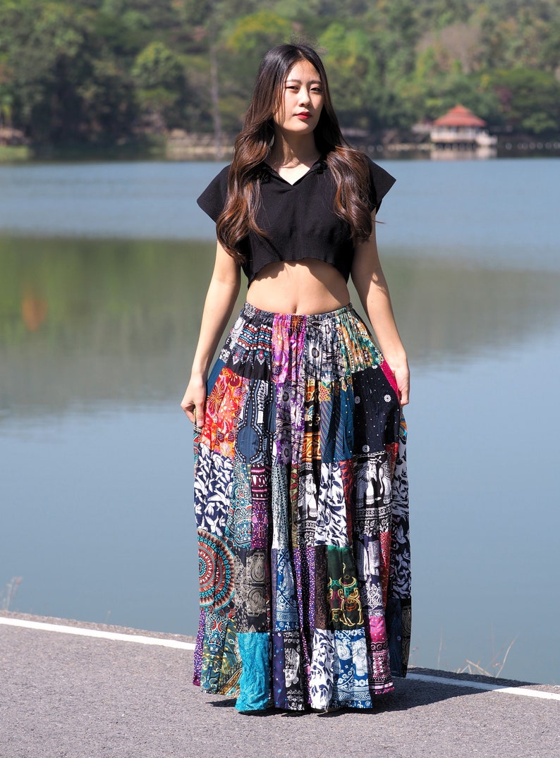 Patchwork Skirt Long Boho Hippie Tiered in 100% Silky Rayon Maxi Full & Flared Multicolored M XL Sizes image 2