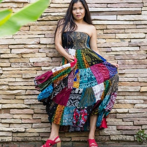 Patchwork Skirt Long Maxi Boho Hippie Dress Smocked Ruched Waist Flared Rayon Dark Multicolored Patterns Original Pattern