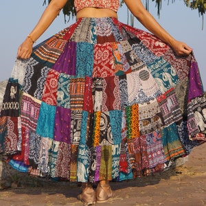 Patchwork Skirt Long Boho Hippie Tiered in 100% Silky Rayon Maxi Full & Flared Multicolored M XL Sizes zdjęcie 5