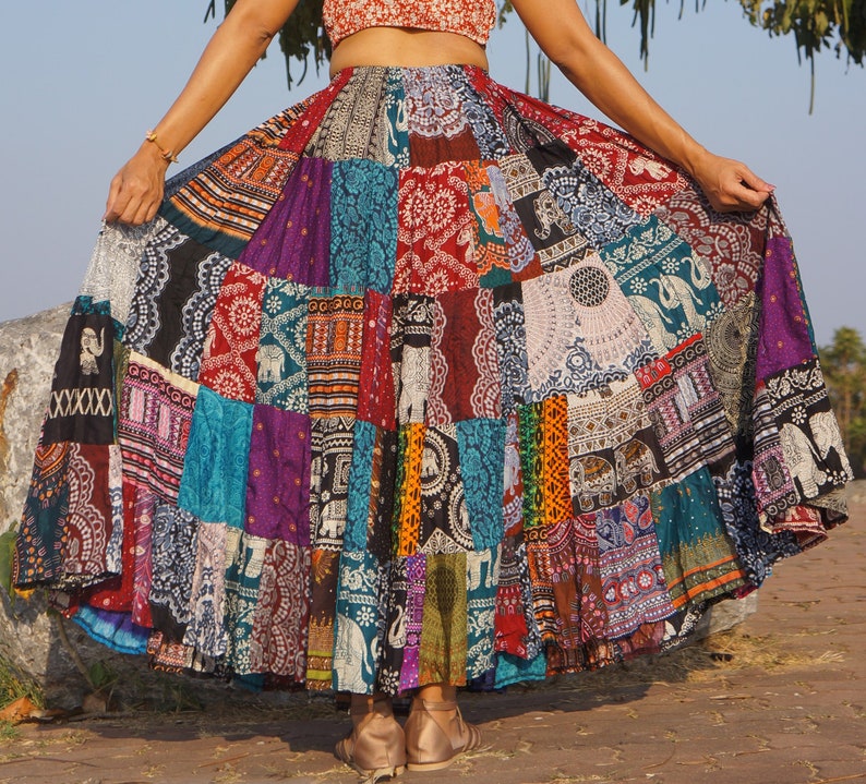 Patchwork Skirt Long Boho Hippie Tiered in 100% Silky Rayon Maxi Full & Flared Multicolored M XL Sizes image 5