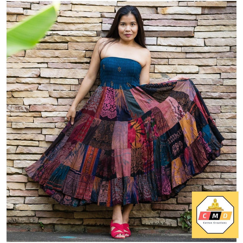 Patchwork Skirt Long Maxi Boho Hippie Dress Smocked Ruched Waist Flared Rayon Dark Multicolored Patterns Dark Pattern