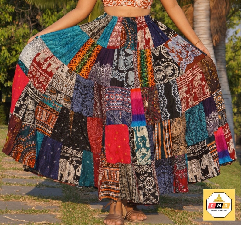 Patchwork Skirt Long Boho Hippie Tiered in 100% Silky Rayon Maxi Full & Flared Multicolored M XL Sizes image 1