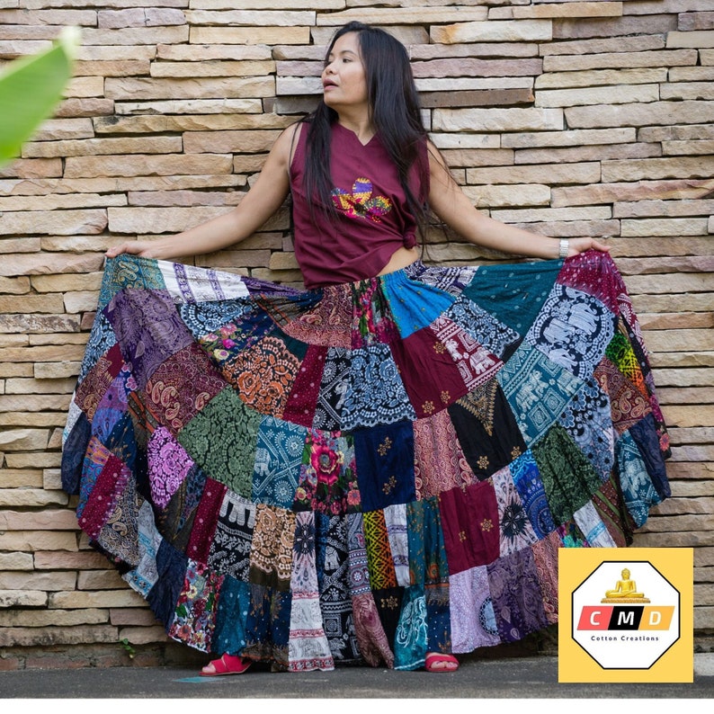 Patchwork Skirt Long Boho Hippie Tiered in 100% Silky Rayon Maxi Full & Flared Multicolored M XL Sizes image 4