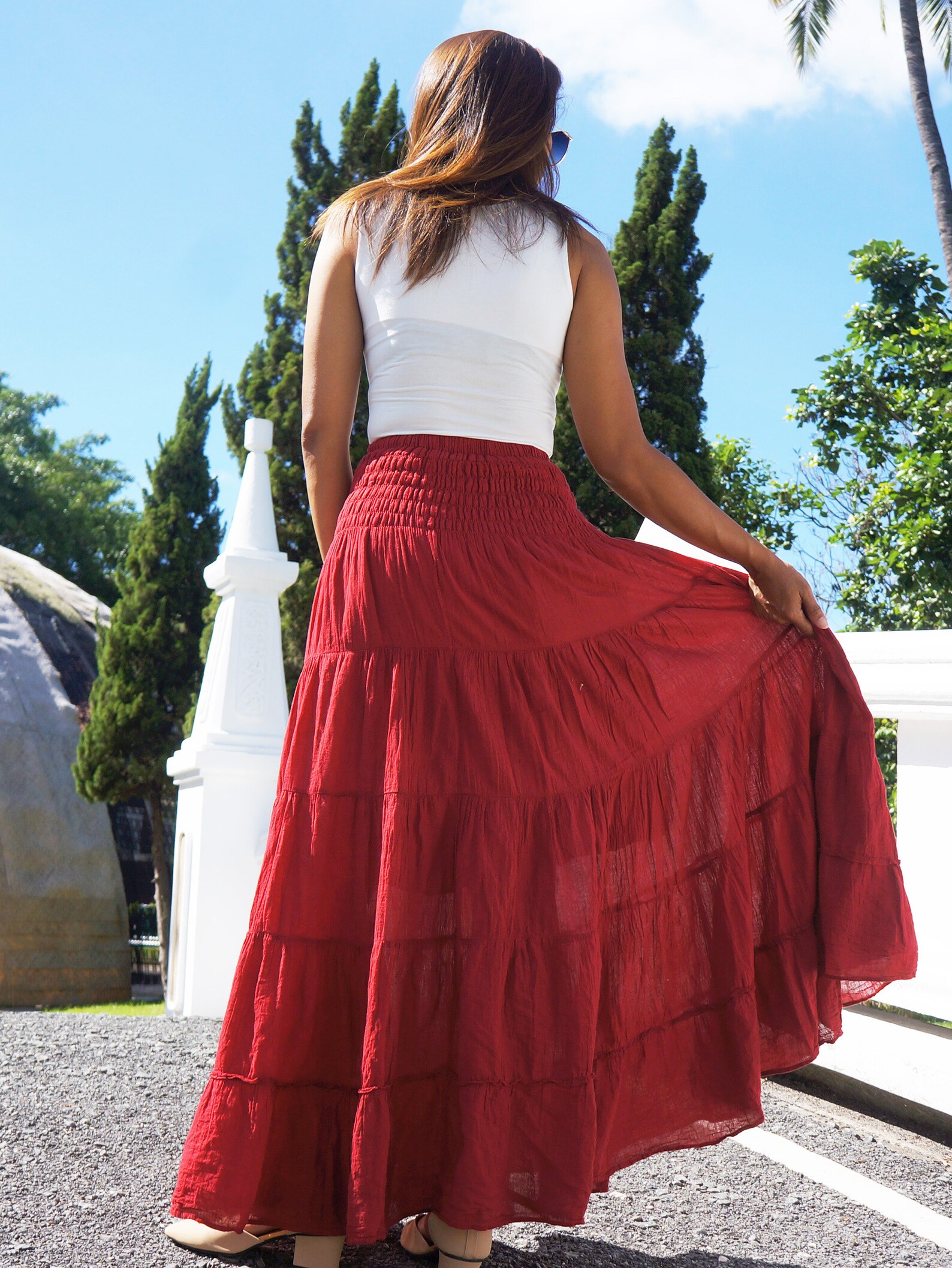 Red Gypsy Skirt Long Boho Cotton Flared Tiered Maxi Etsy UK