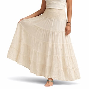 Cream Cotton Skirt * Long Boho * Flared Tiered Maxi * Solid Plain Color * Elasticated Deep Waistband