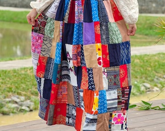 Falda larga estilo boho patchwork: Algodón colorido estilo hippie