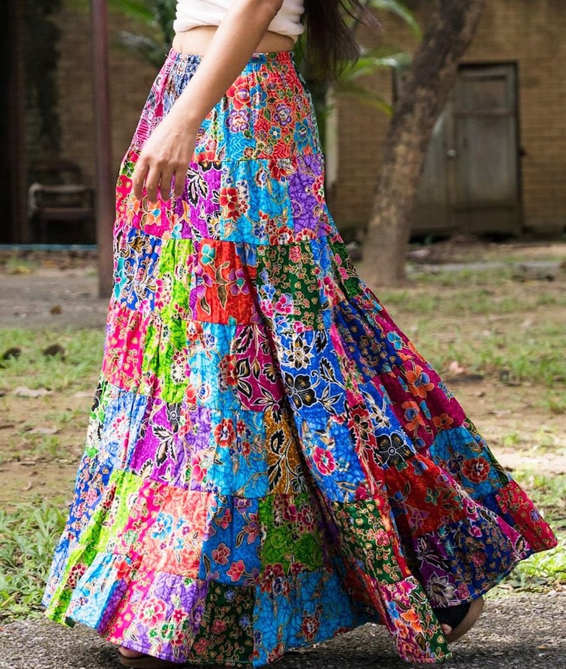 Patchwork Skirt Bohemian Hippie Style Long Maxi Length Colorful Bright Multicolored Cotton Women Medium image 7