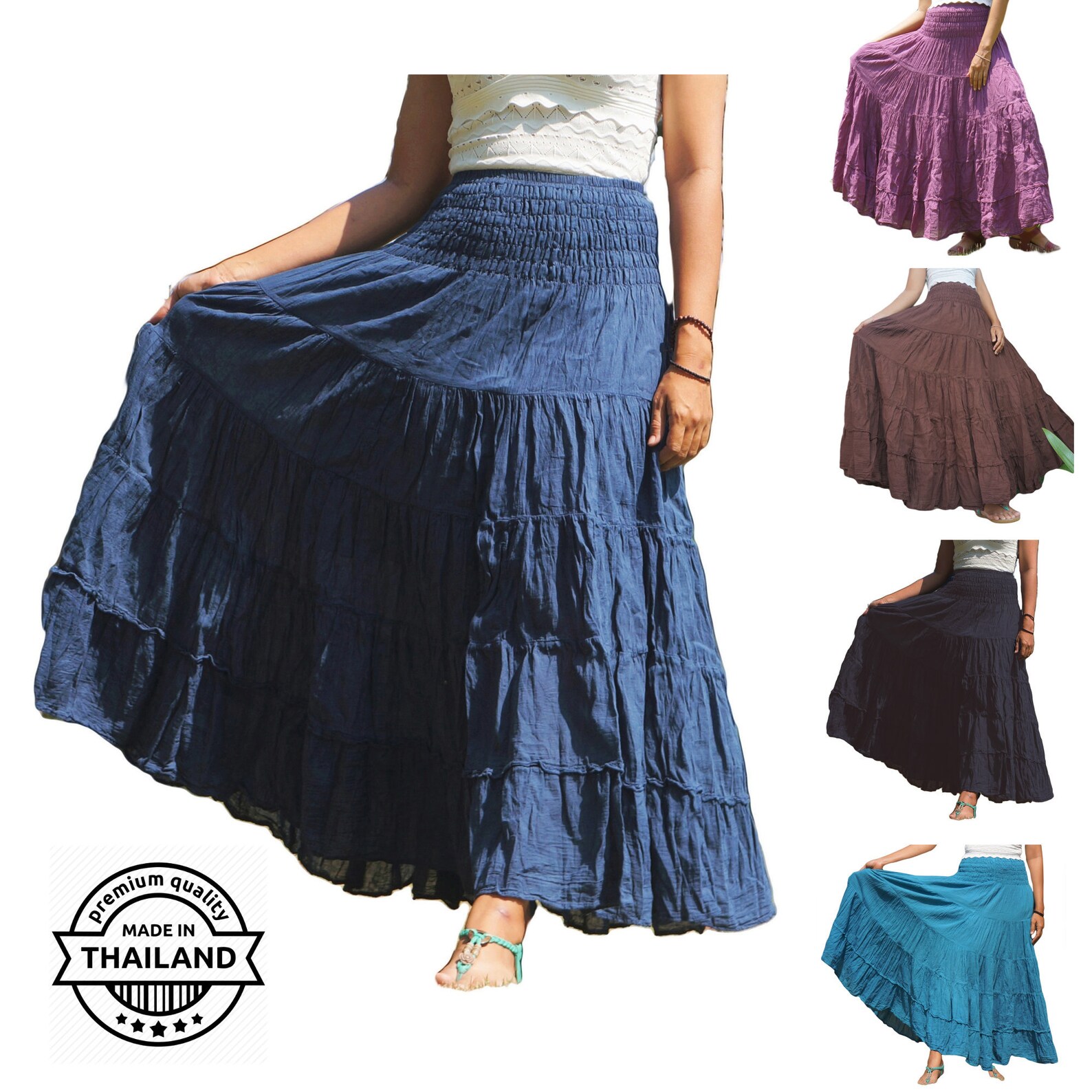 Long Boho Cotton Gypsy Skirts Flared Tiered Maxi Solid Etsy