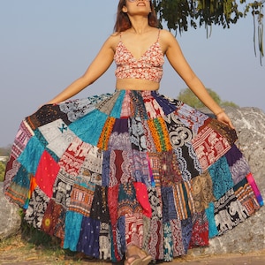 Patchwork Skirt Long Boho Hippie Tiered in 100% Silky Rayon Maxi Full & Flared Multicolored M XL Sizes image 8
